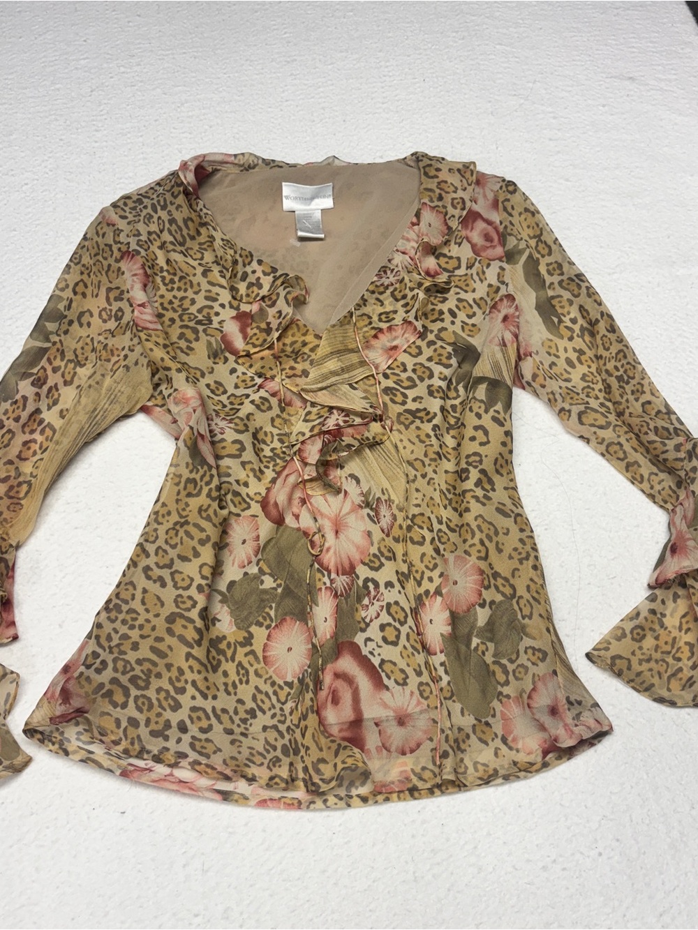 Worthington Beige Floral & Leopard Ruffle V-Neck Top